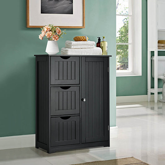 Black freestanding bathroom cabinet with three drawers and a single door, shown in a bathroom setting