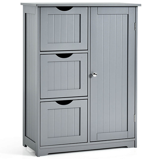 1-Door Freestanding Bathroom Cabinet with 3 Drawers-Grey standing against a plain white background
