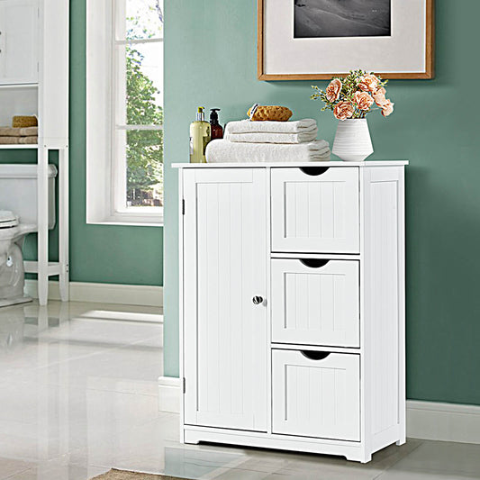 The floor cabinet placed in a bathroom with towels and a vase of flowers on the top surface