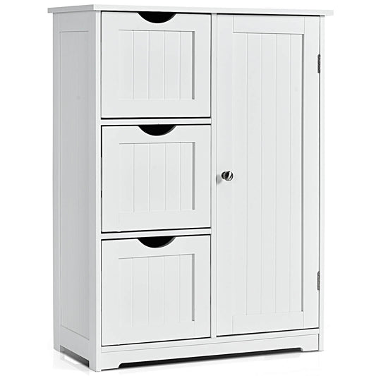 1-Door Freestanding Bathroom Cabinet with 3 Drawers in white with a panelled door and three drawers