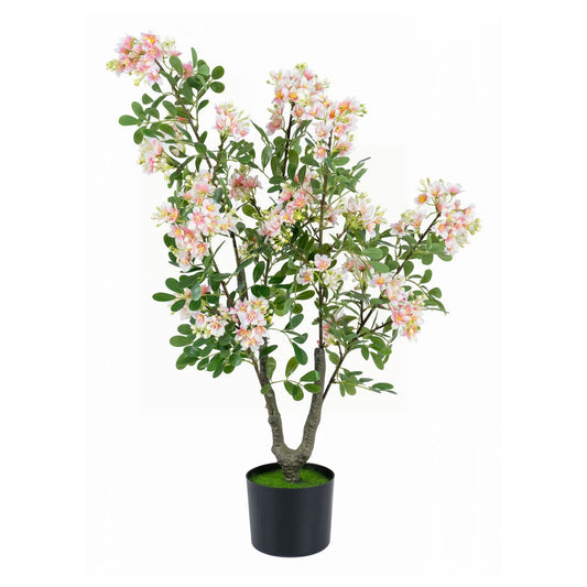 90 CM Artificial Impatiens Blossom Tree standing in a black pot against a plain white background