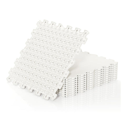 10/18 Pack Hockey Flooring Tiles for Training-10 Pack, a stack of interlocking white tiles with a textured surface