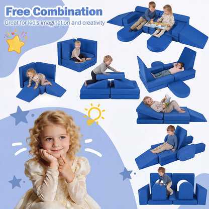 Collage of navy blue soft play set configurations and children playing, with a girl in foreground