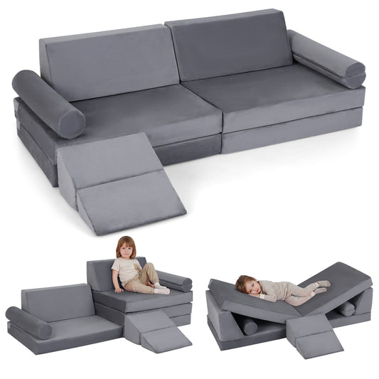 10-Piece Kids Climb and Crawl Foam Playset with Soft Crystal Velvet-Grey