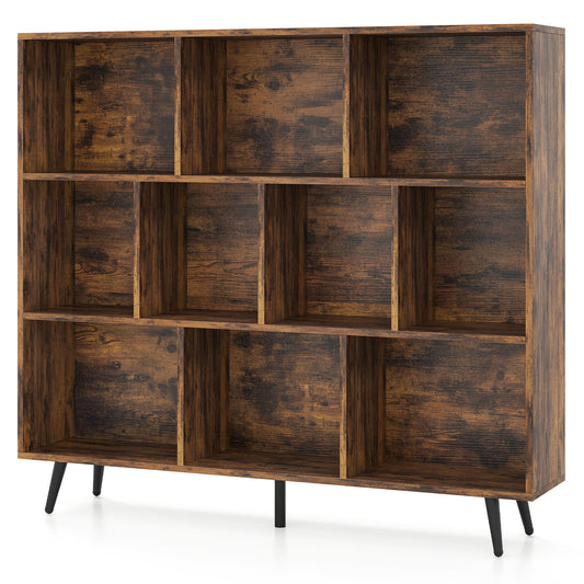 10-Cube Bookcase 120 CM Mid Century Modern Storage Organizer in brown wood effect