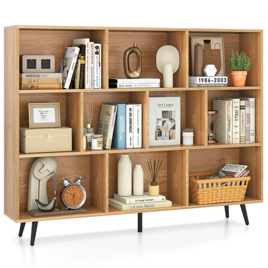 10-Cube Bookcase 140 CM Storage Organizer with 5 tapered metal legs in natural wood finish