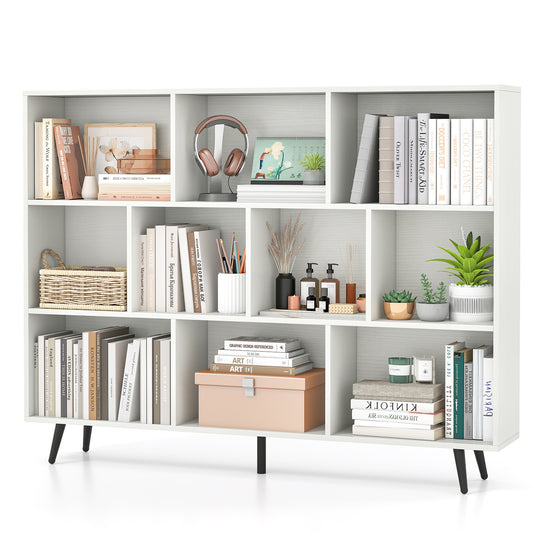 10-Cube Bookcase 140 CM Storage Organizer with 5 tapered metal legs in white, filled with books and decor