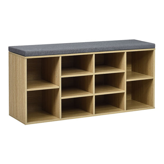 10-Cube Storage Bench Cabinet with Adjustable Shelves in natural wood effect with a grey upholstered seat on top