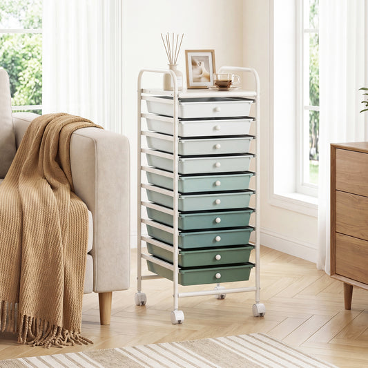 The mobile storage trolley with ten green gradient drawers standing on a wooden floor