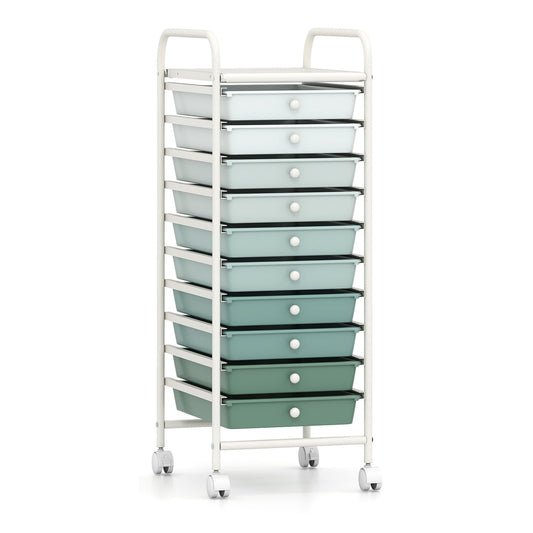 10 Drawers Mobile Storage Trolley with a white metal frame and green gradient plastic drawers