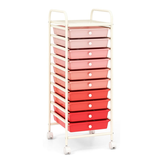 10 Drawers Mobile Storage Trolley in pink shades with a metal frame and four castor wheels