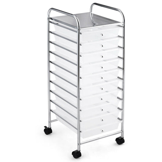 10 Drawers Mobile Storage Trolley with 4 Wheels for Beauty-White, a white plastic drawer unit on a metal frame with wheels