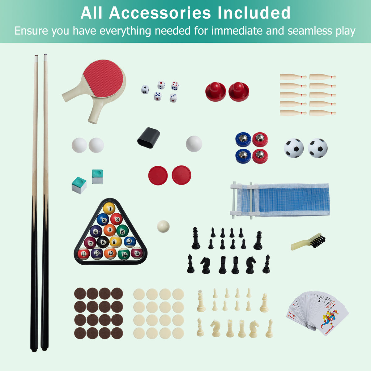 the game room table accessories including cues, balls, chess pieces, and table tennis bats