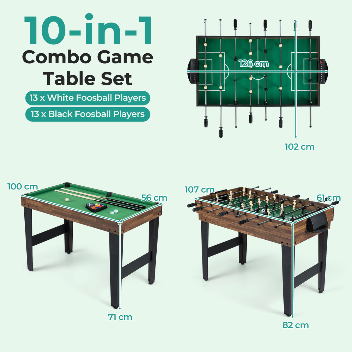 the multi-game table with annotated dimensions for the foosball and billiards configurations