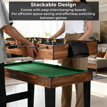 the multi-game table showing the stackable design with a person lifting the top game board