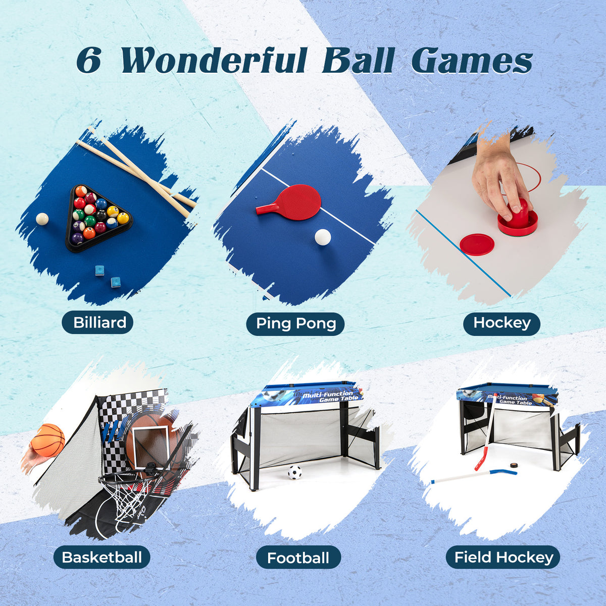 Collage of six different games available on the multi-game table