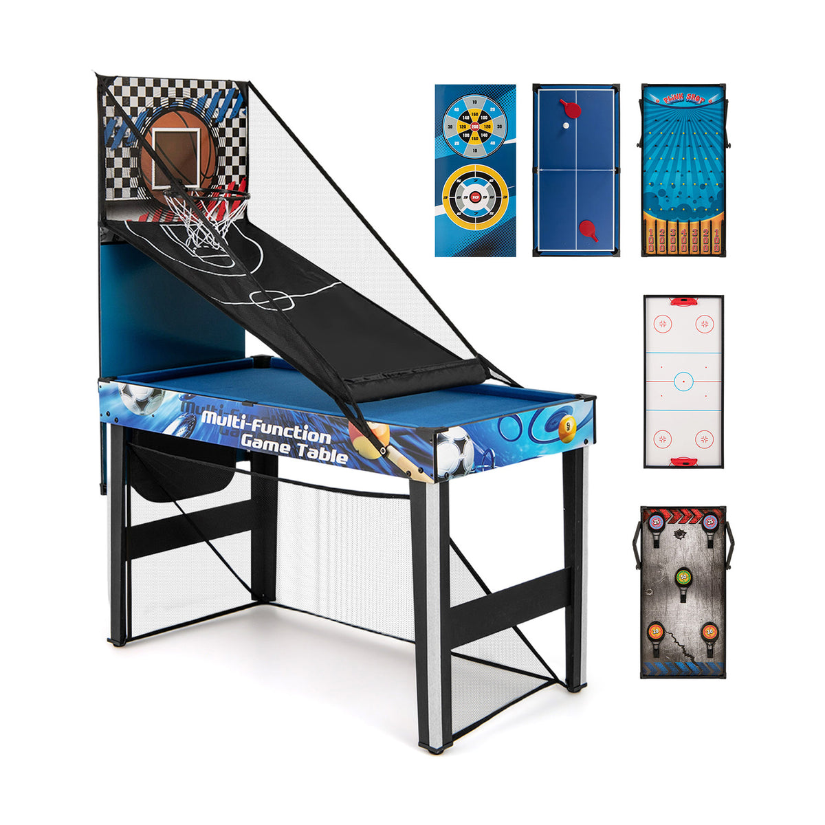 10-in-1 Combo Game Table Set with basketball hoop and various game boards displayed