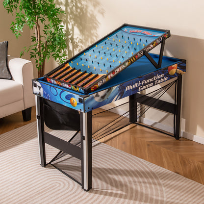 Close-up of the multi-game table set up for a marble game