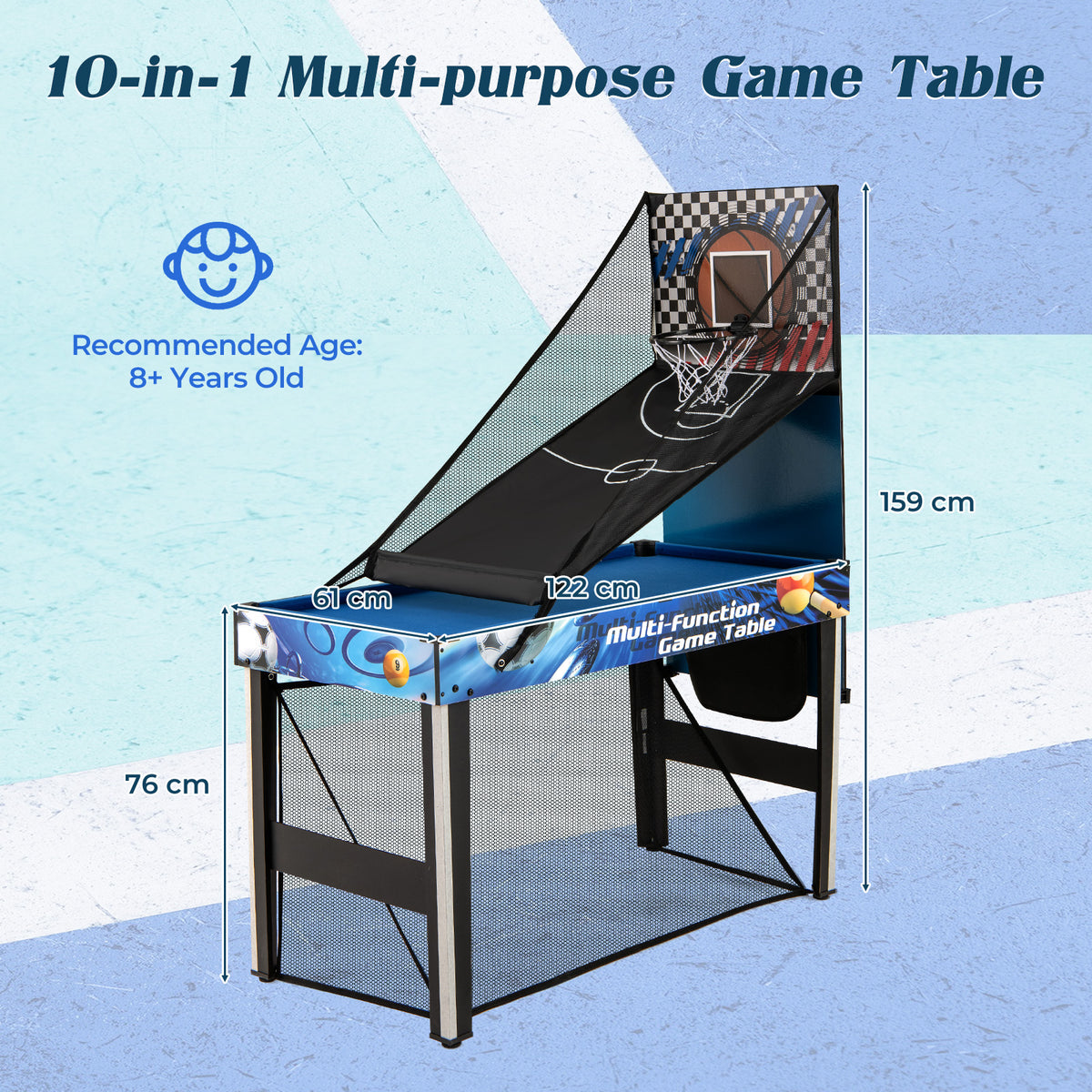 Multi-game table with dimensions shown, including height and width