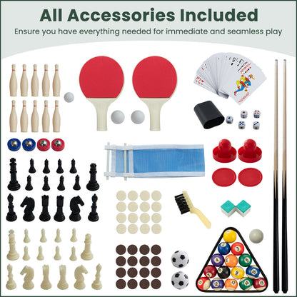 All accessories for the 10-in-1 combo game table set laid out