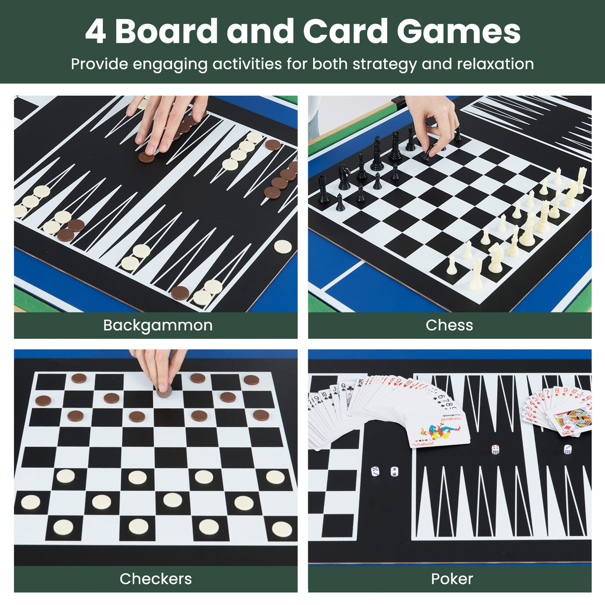 Four board games including chess, checkers, backgammon and poker on the table