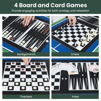 Four board games including chess, checkers, backgammon and poker on the table