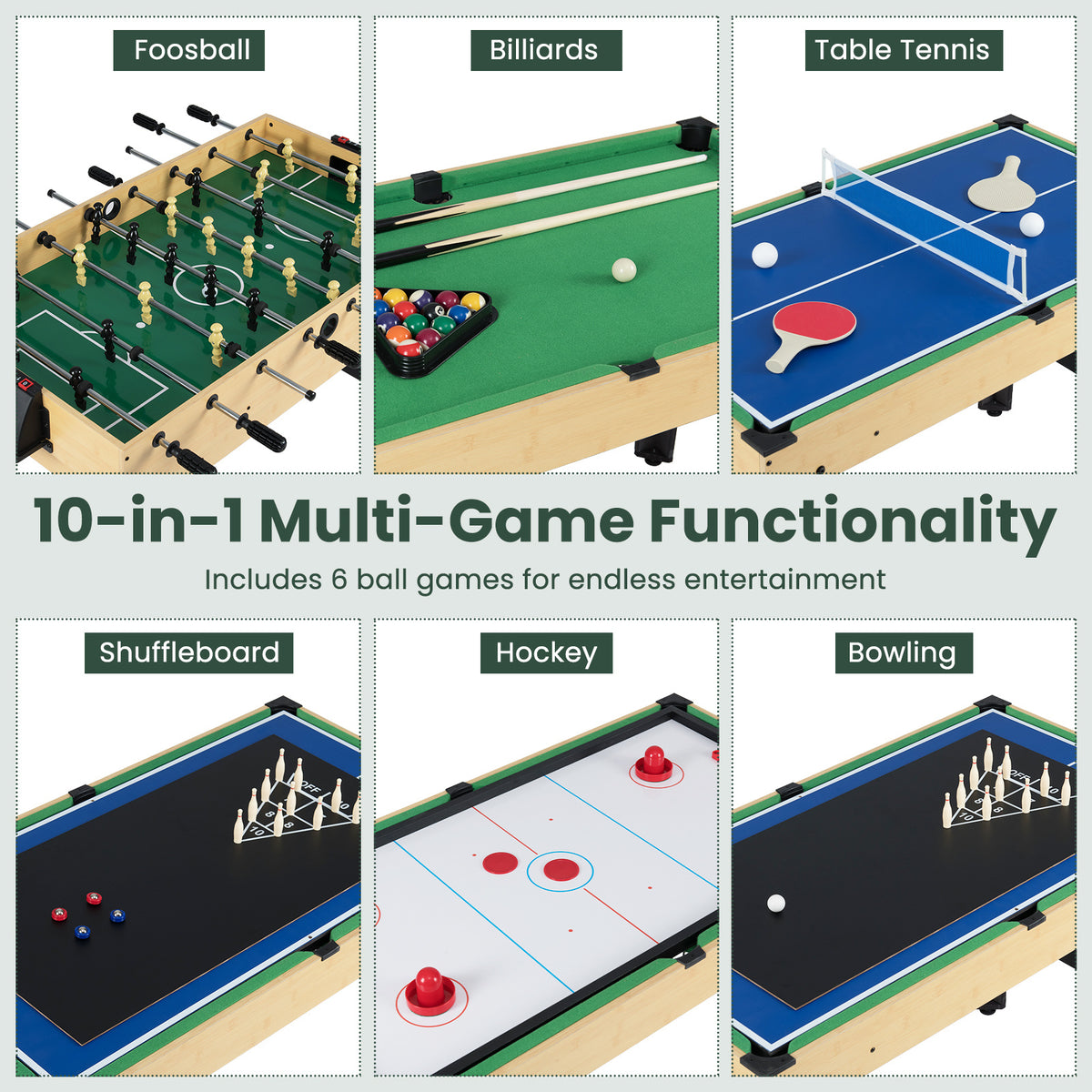 Close up of the 10-in-1 combo game table showing different game options