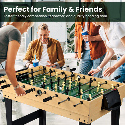 Friends playing foosball on the combo game table, enjoying family fun
