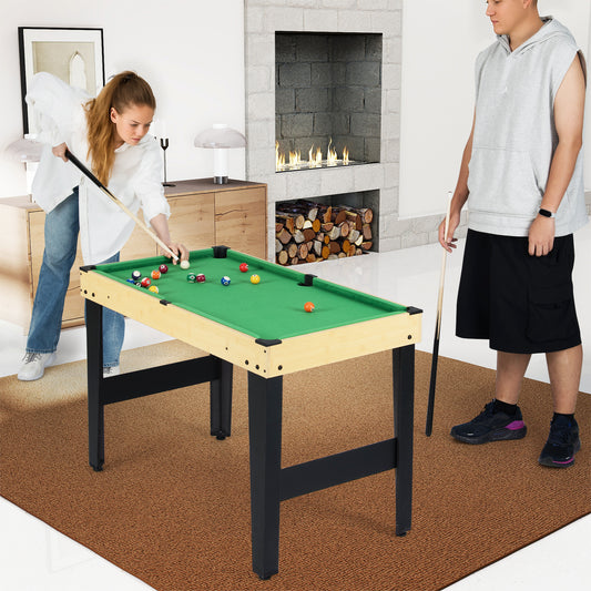 A girl and a boy play pool on the combo game table in a living room