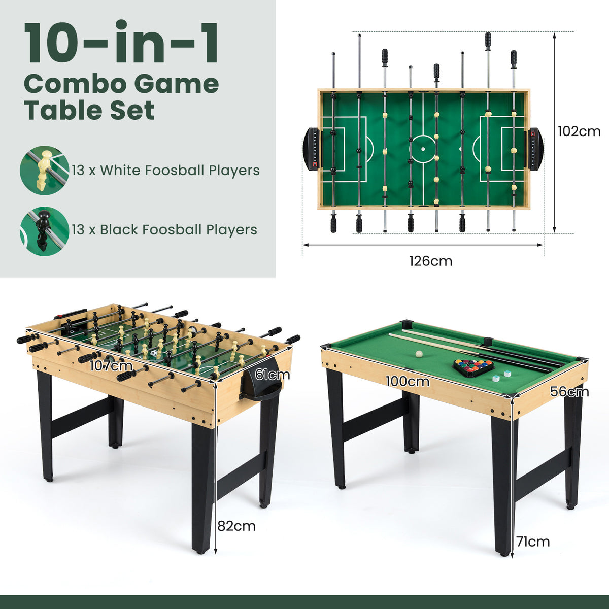 Dimensions of the 10-in-1 combo game table set showing foosball and pool table sizes