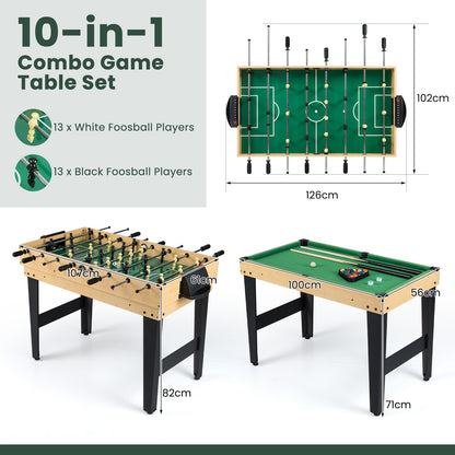 Dimensions of the 10-in-1 combo game table set showing foosball and pool table sizes
