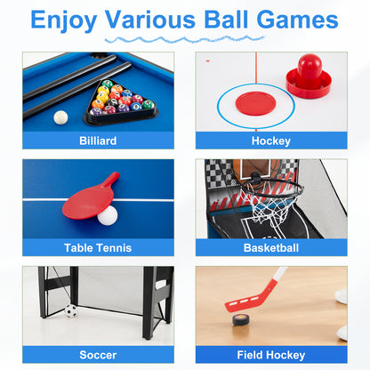 The game room table set displayed in a grid showing six different sports and activities