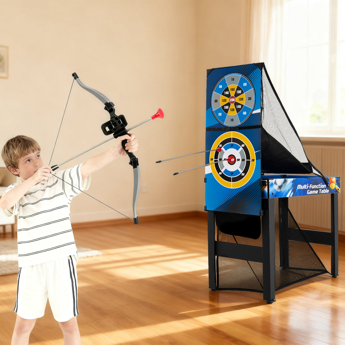 The game room table set featuring a child aiming a toy bow and arrow at the target board