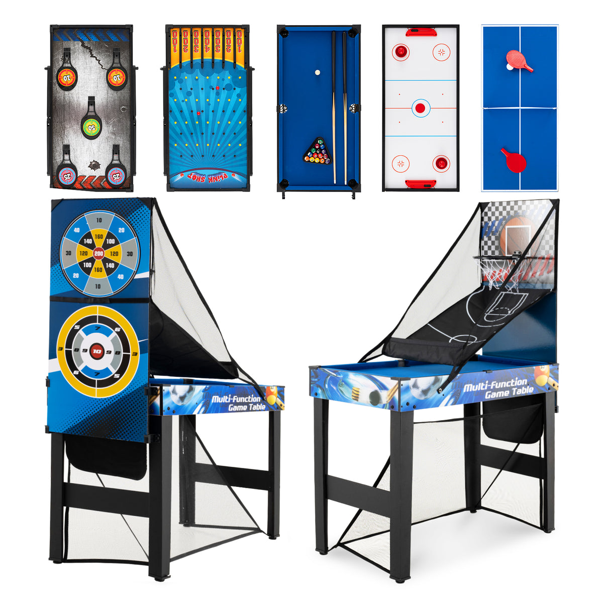 The game room table set showing various flat game boards and two full table configurations