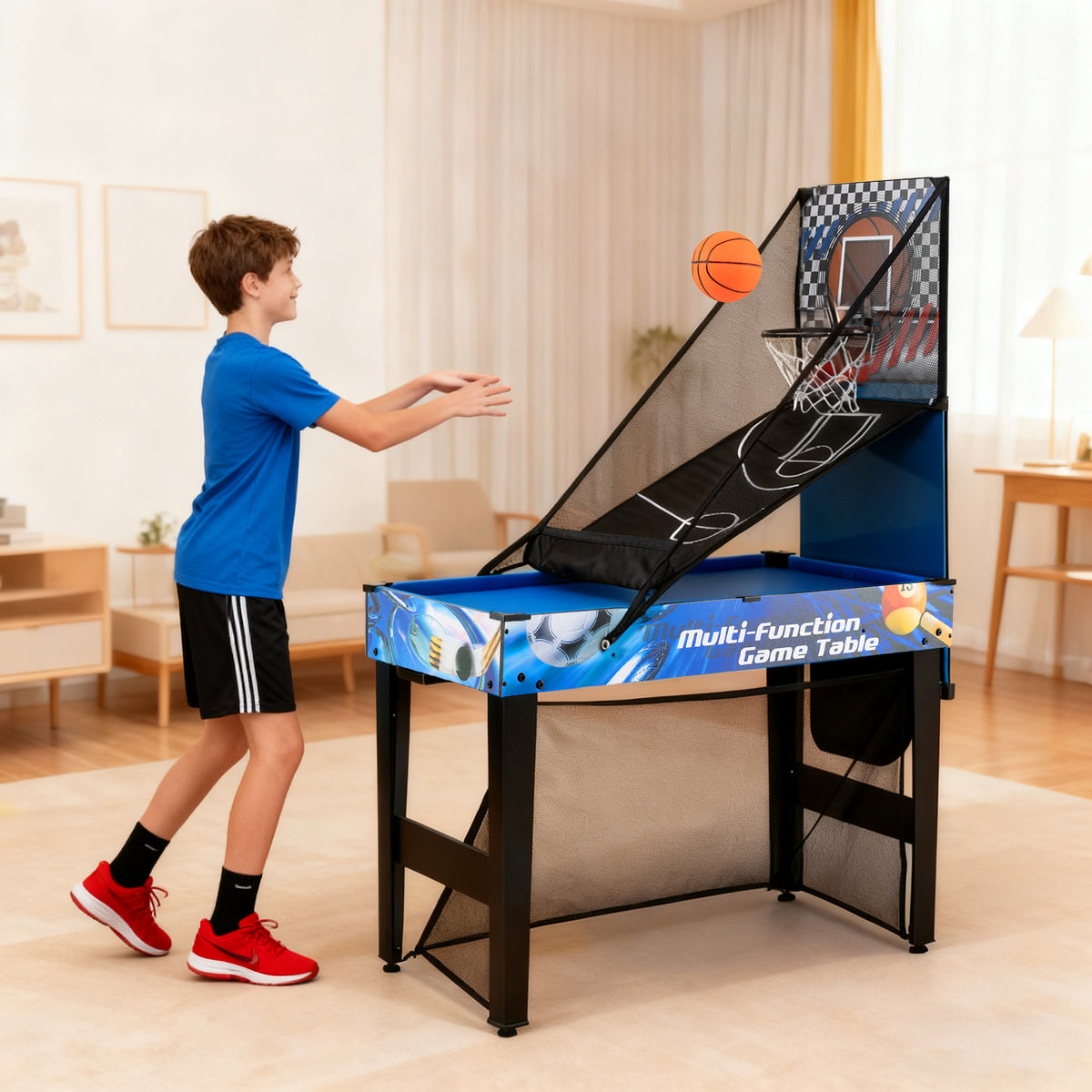 The game room table set being used by a boy playing basketball in a bright living room
