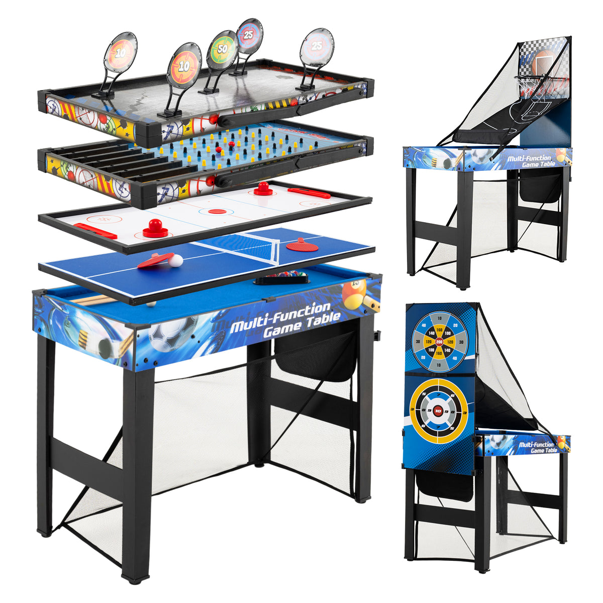 10-in-1 Combo Game Table Set showing the stacked playing surfaces and two assembled game units