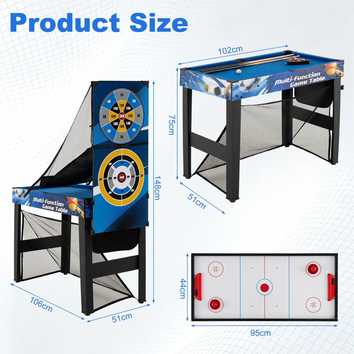 The game room table set with technical diagrams showing dimensions for the unit and surfaces