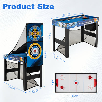 The game room table set with technical diagrams showing dimensions for the unit and surfaces