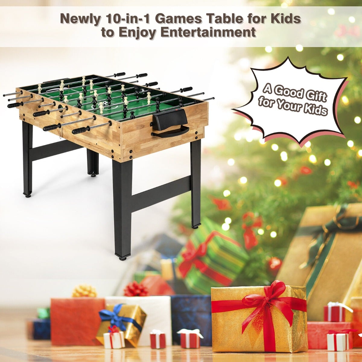 The game table presented as a gift with Christmas presents underneath