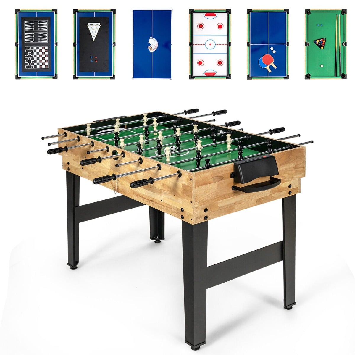 10-in-1 Multi Stackable Combo Game Table shown with various game board tops and foosball base
