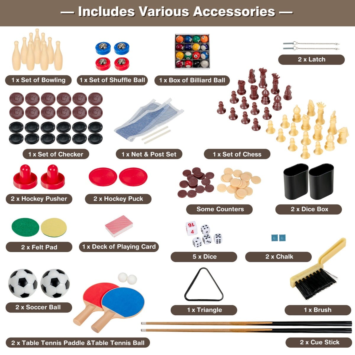 The game table accessories including balls, cues, chess pieces and paddles