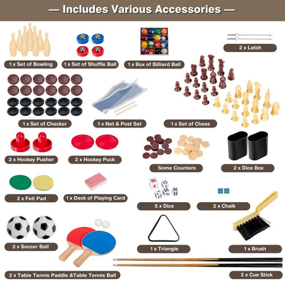 The game table accessories including balls, cues, chess pieces and paddles