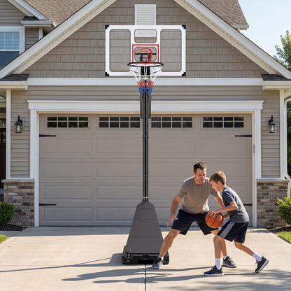 Father and son playing basketball on a driveway with the sport equipment