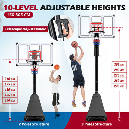 Diagram showing the adjustable height options for the basketball hoop