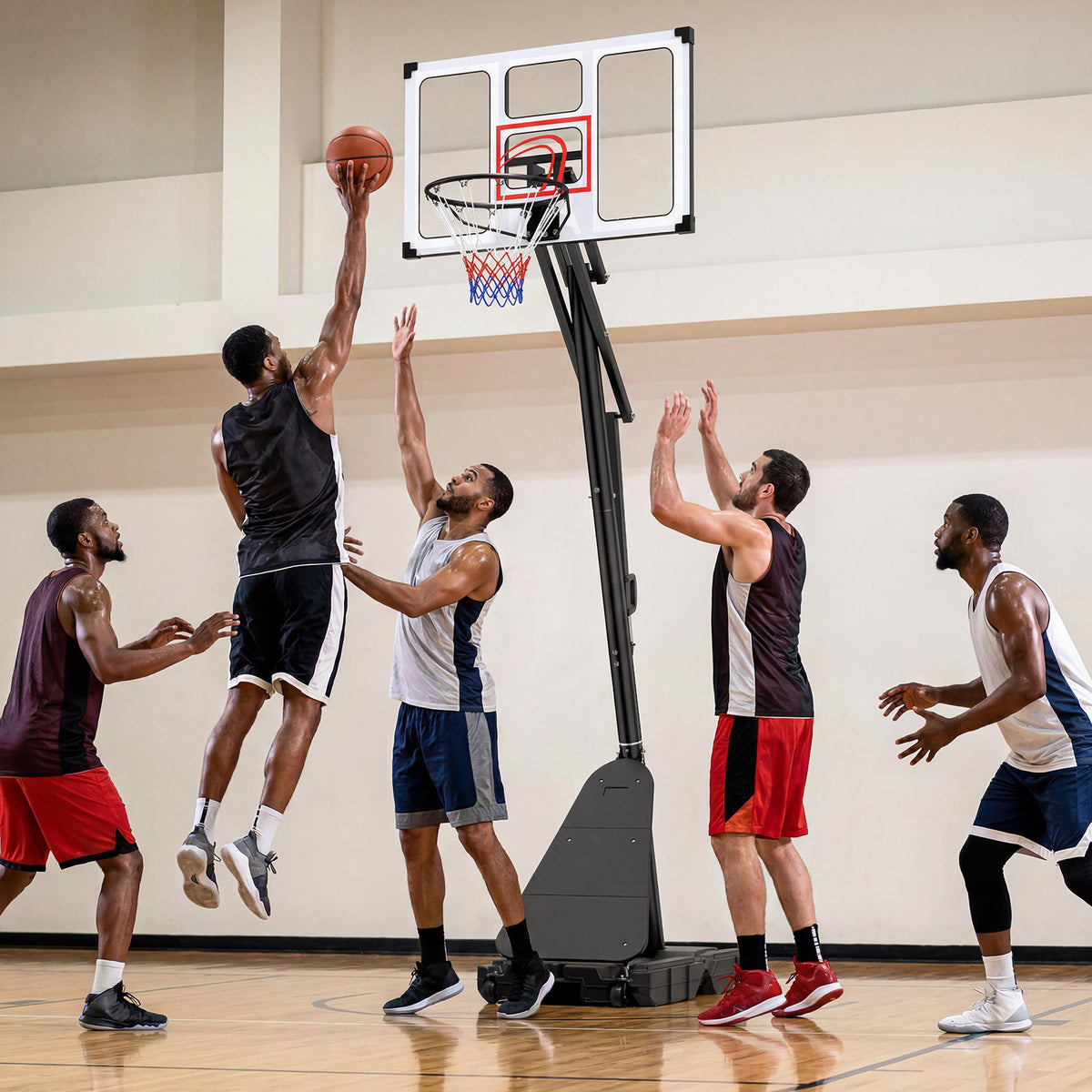 Group of men playing basketball indoors with the adjustable hoop