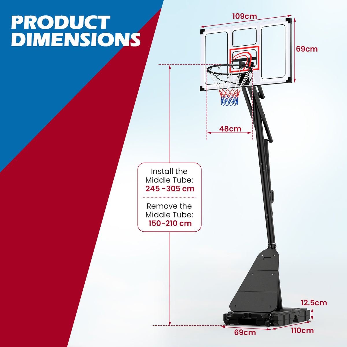 Diagram showing the dimensions of the basketball goal system