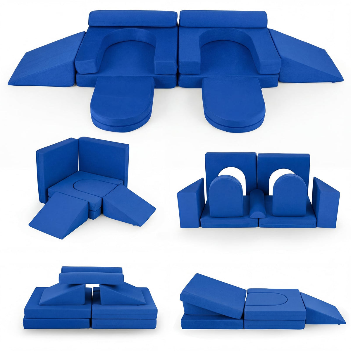 10 PCS Modular Kids Play Couch Toddler Climb and Crawl Foam Playset in navy blue, arranged in a large U-shape with two curved