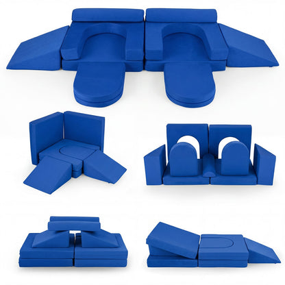 10 PCS Modular Kids Play Couch Toddler Climb and Crawl Foam Playset in navy blue, arranged in a large U-shape with two curved