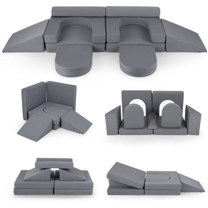 10 PCS Modular Kids Play Couch Toddler Climb and Crawl Foam Playset arranged in various configurations
