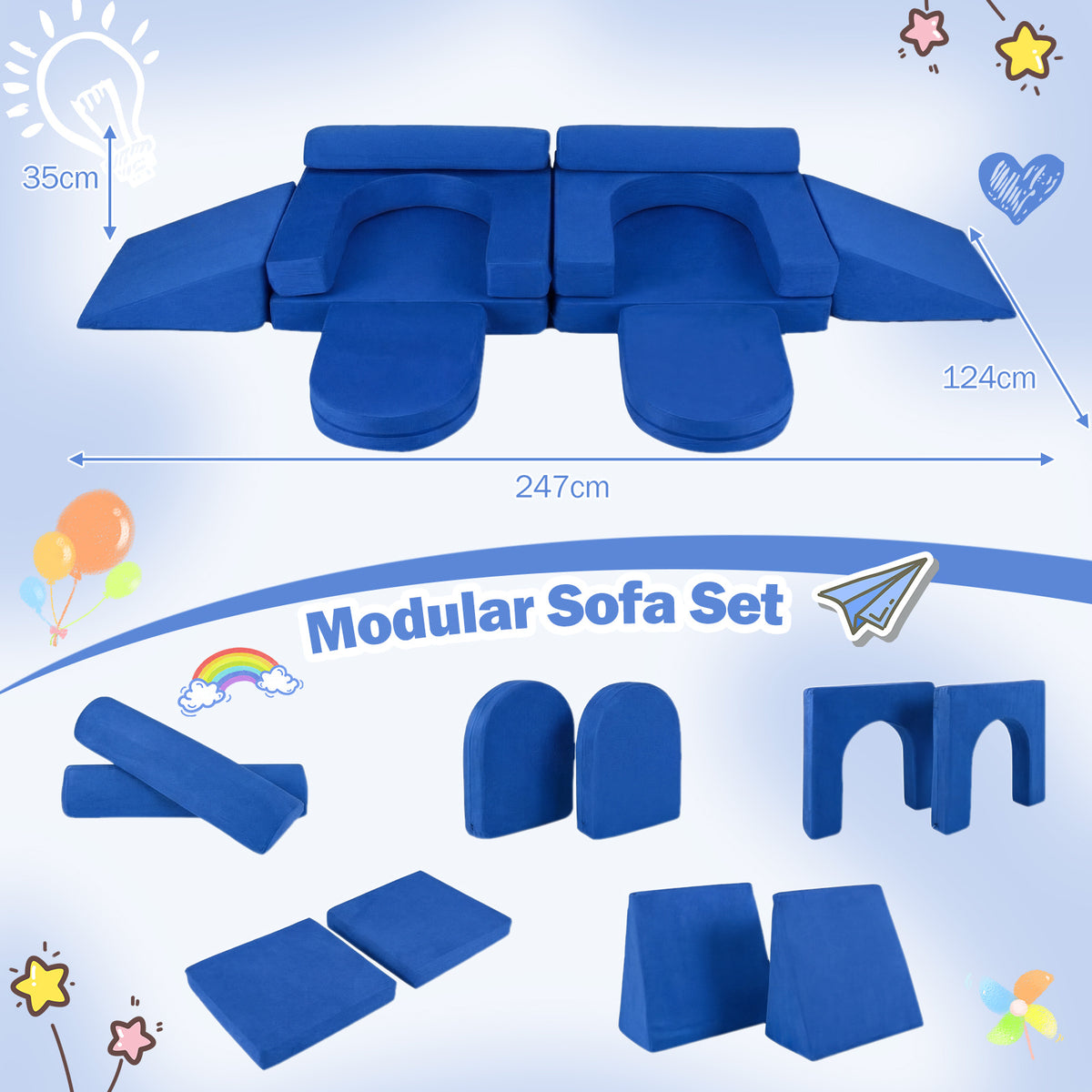 Navy blue modular sofa set with dimensions and individual pieces laid out separately